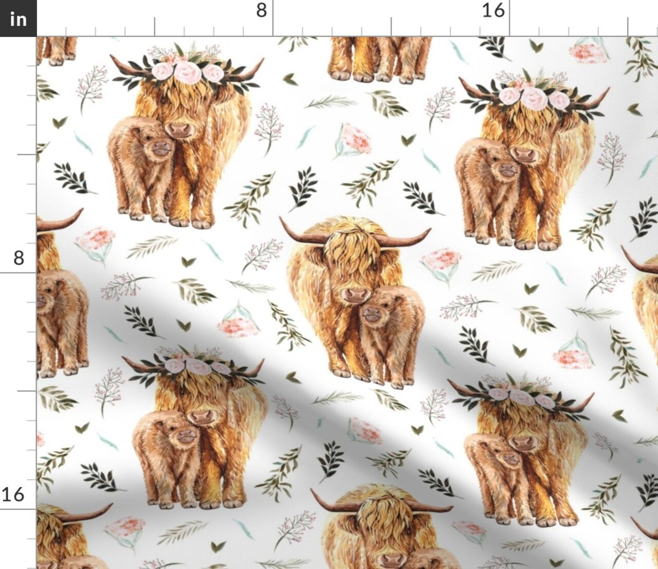 Highland Cow Scottish Shaggy Floral Baby Calf Spring Cattle Custom Printed Fabric by Spoonflower Various Fabrics by the Yard or Fat Quarter